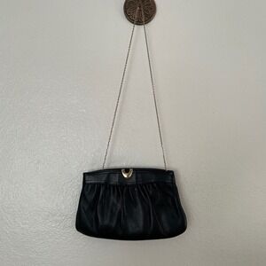 Ande Vintage Black Leather Convertible Chain Strap Evening Bag Clutch‎ Purse